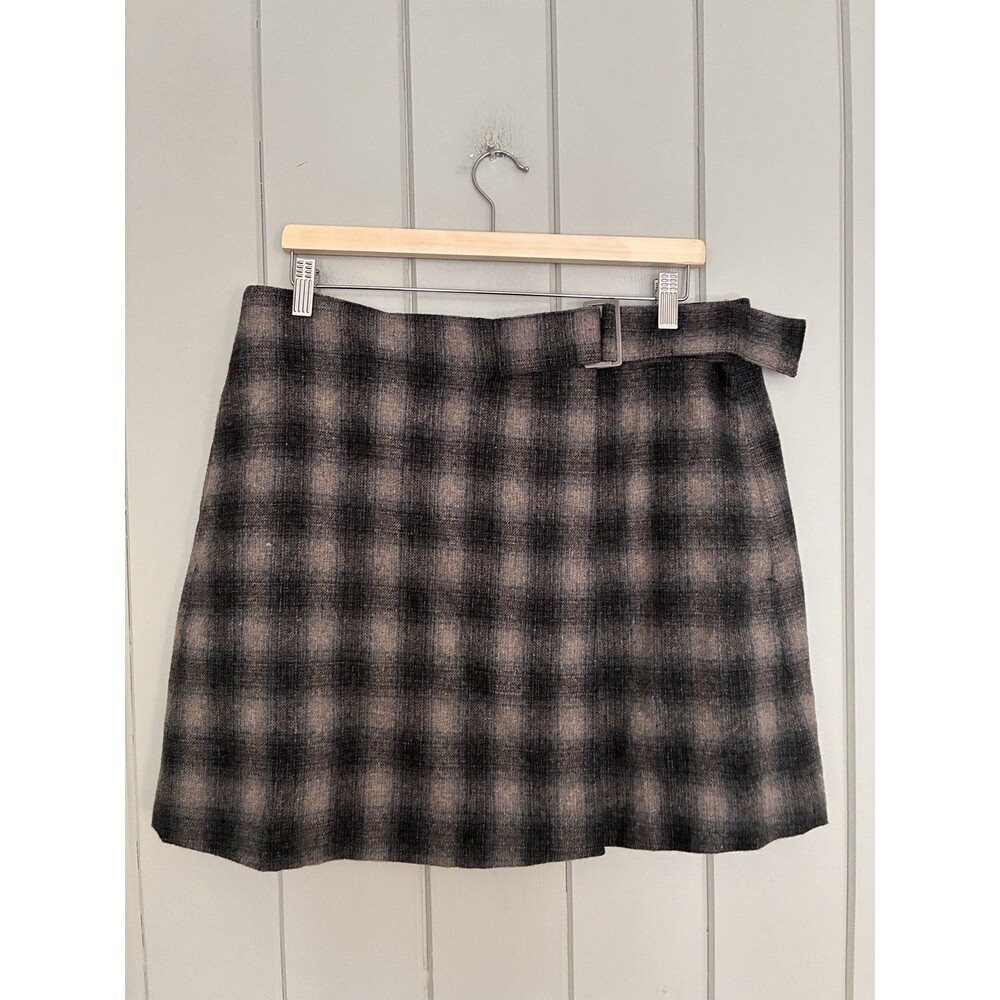 Madewell Buckle-Belt Wrap Mini Skirt 14 Wool Blend Plaid Gray Black NM553